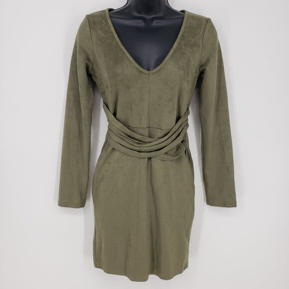 3/$25 Windsor Faux Suede Mini Sheath Dress S Long Sleeves V Neck Olive Green - Picture 1 of 10